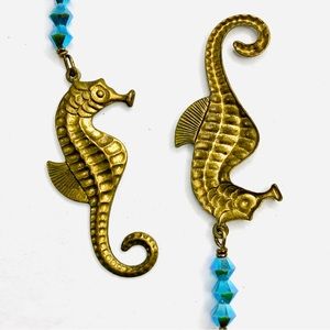 Brass and Aqua Artisan Seahorse Earrings